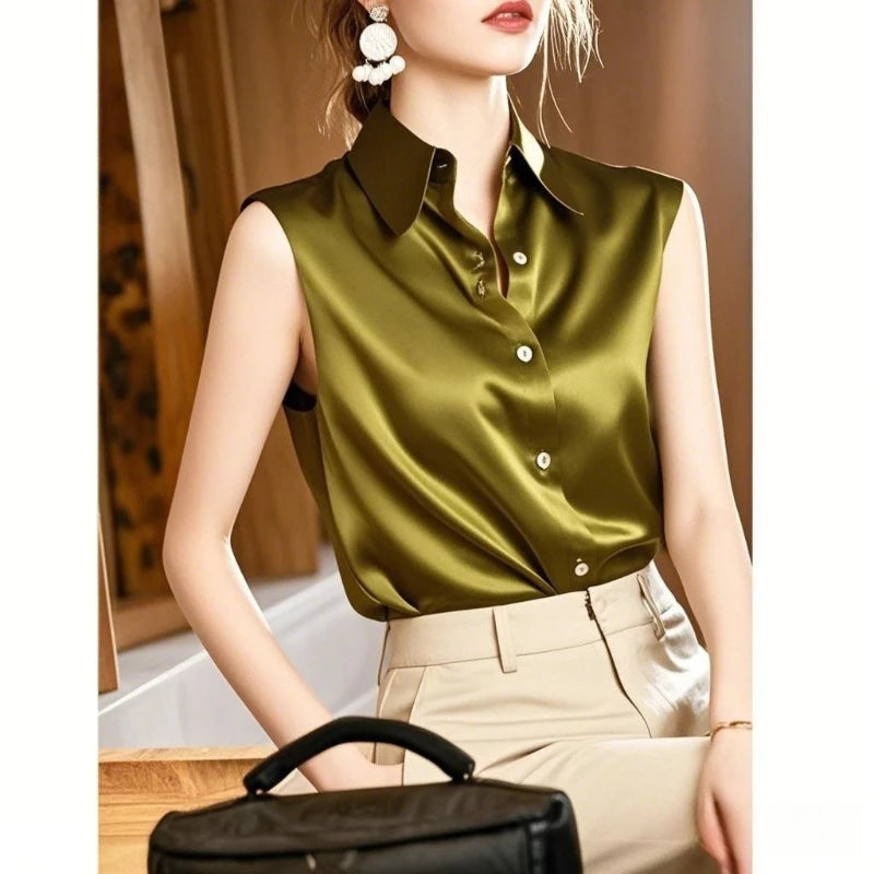 Lorenza Satin Sleeveless Blouse – Women’s Polo-Neck Top