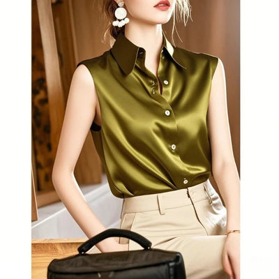 Lorenza Satin Sleeveless Blouse – Women’s Polo-Neck Top