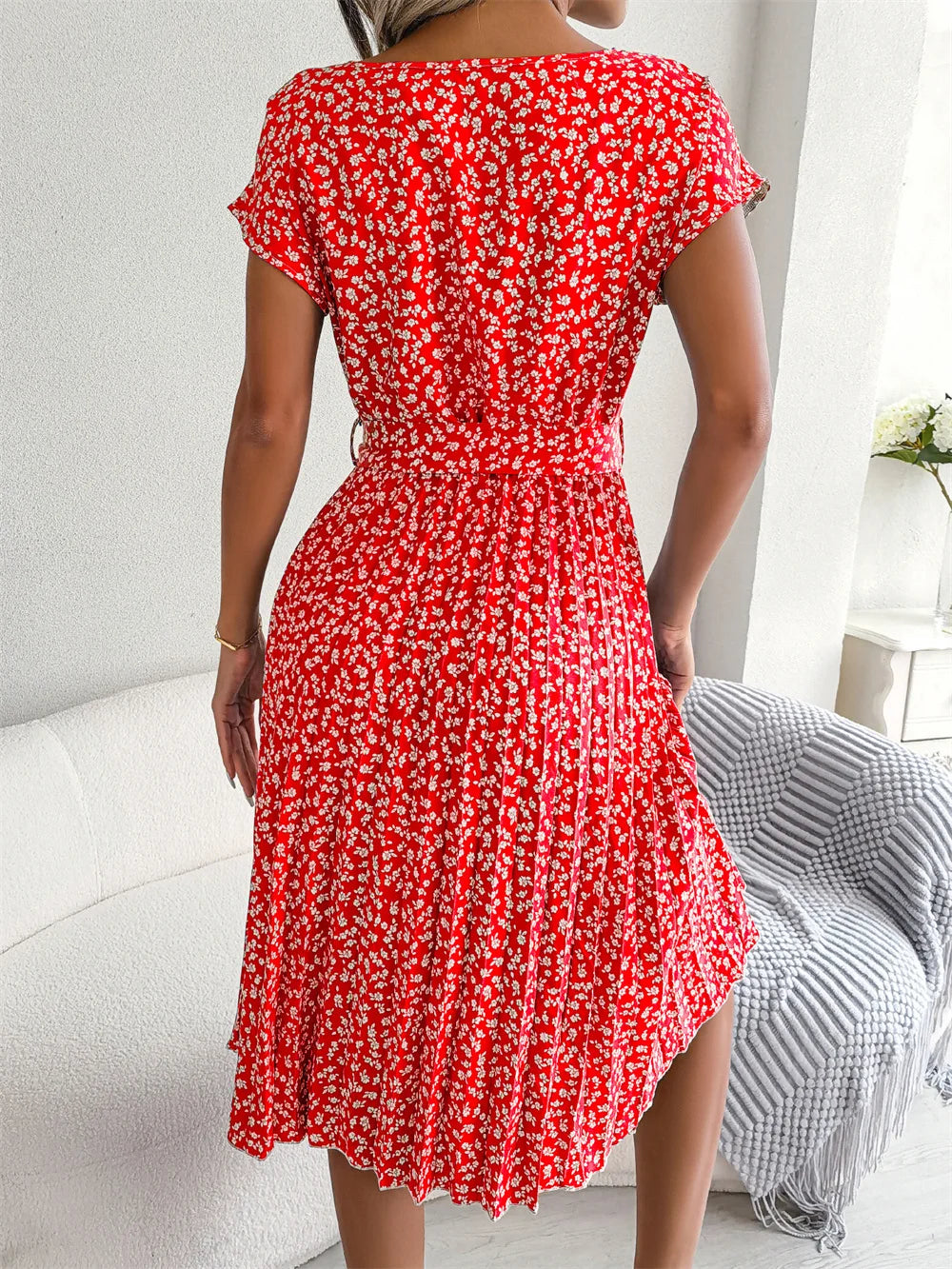 Valentina Floral Pleated A-Line Dress – Women’s High-Waist Midi