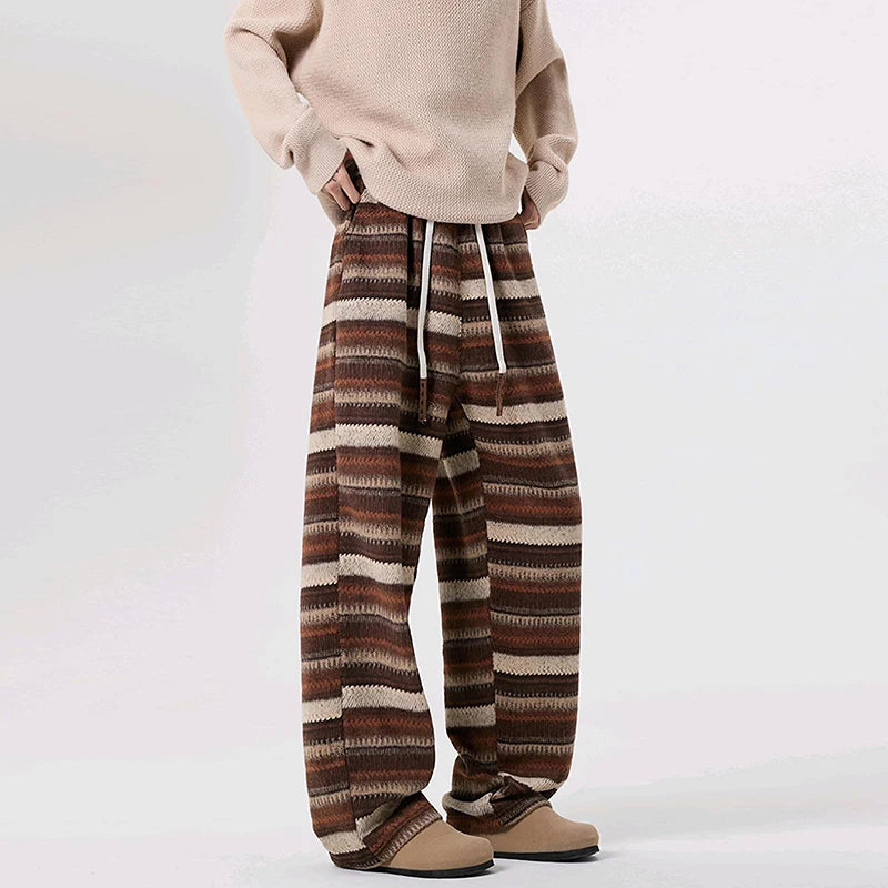 Vintage Striped Woolen Pants Mens Streetwear Fashion Drawstring Loose Straight Woolen Trousers Men 2025 Spring Fall Casual Pants