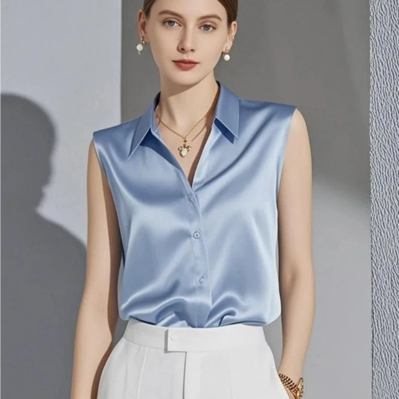 Lorenza Satin Sleeveless Blouse – Women’s Polo-Neck Top