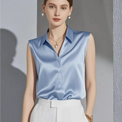 Lorenza Satin Sleeveless Blouse – Women’s Polo-Neck Top
