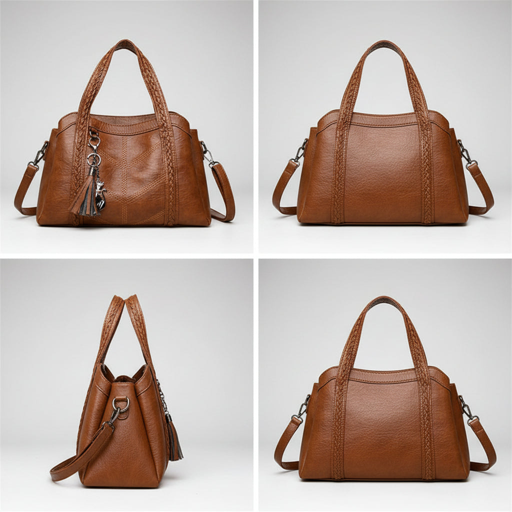 Brown leather handbag shown from multiple angles on a white background