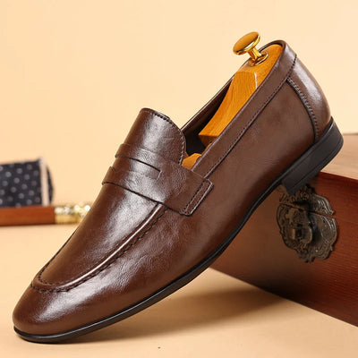 Brown leather loafer shoe on a beige background