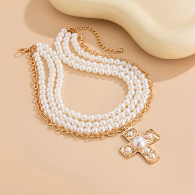 Aurea Pearl Necklace – Layered Choker with Sculptural Cross Accent