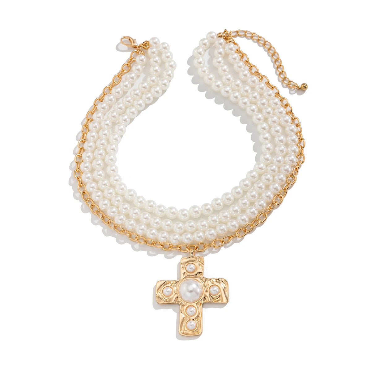 Aurea Pearl Necklace – Layered Choker with Sculptural Cross Accent