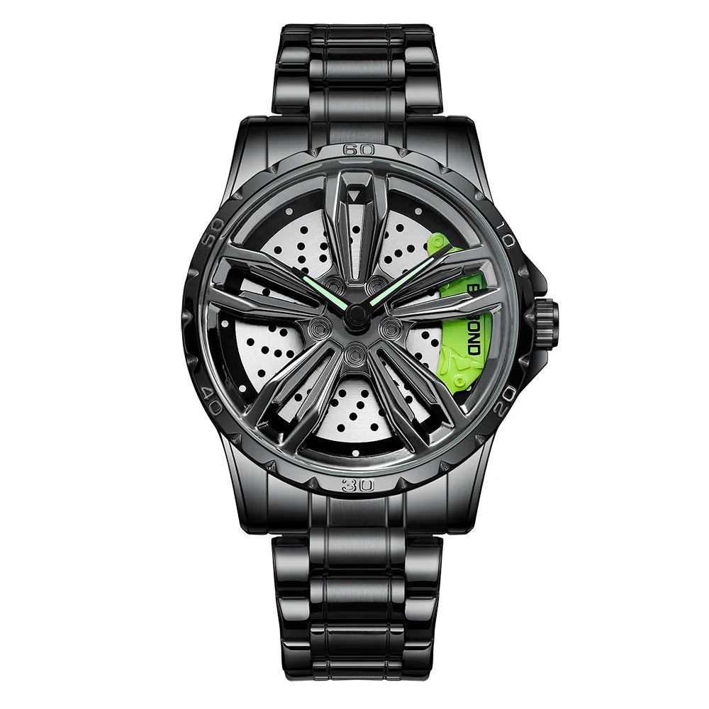 Black watch with green accents on a white background