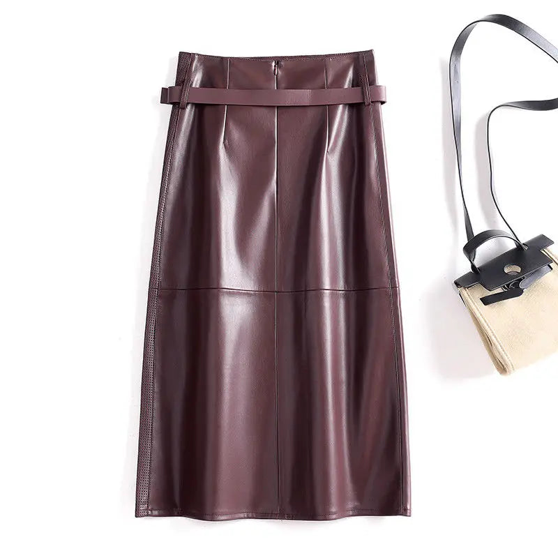 Brown leather skirt with a belt on a white background