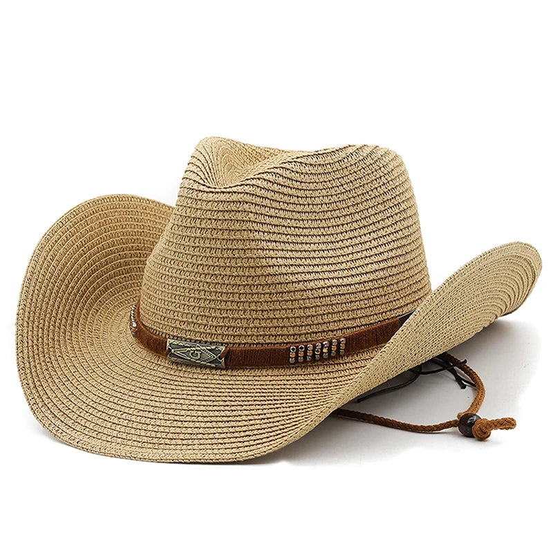 Beige straw cowboy hat with a brown band on a white background