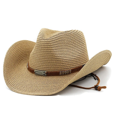 Beige straw cowboy hat with a brown band on a white background