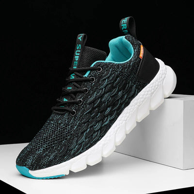 Black and blue sneaker with white sole on a black background