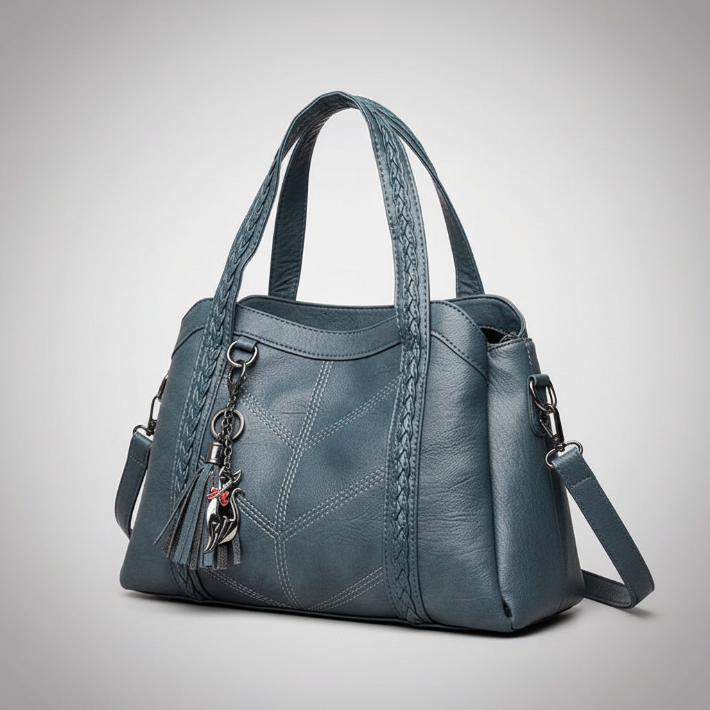 Blue handbag with a keychain on a white background