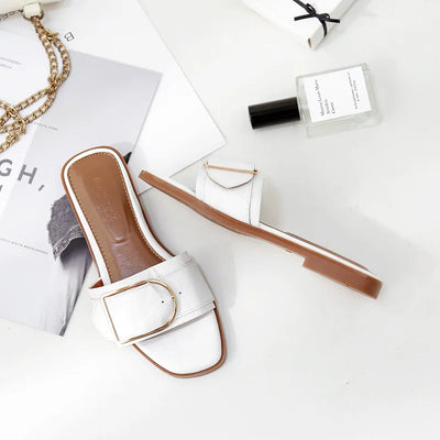 Sophia Designer Slide Sandals – Women’s Square Toe Leather Flats