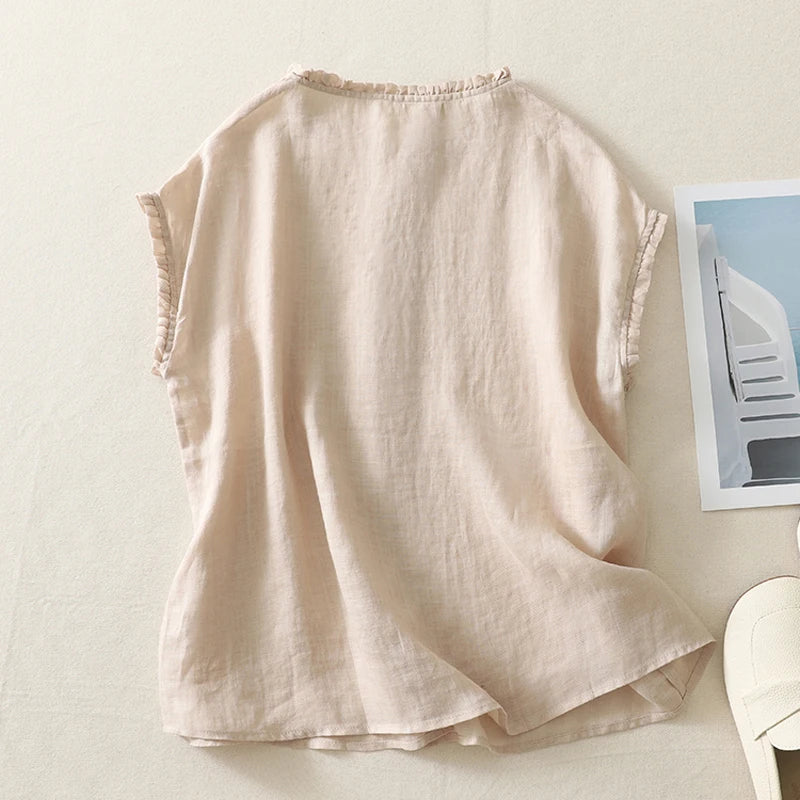 Ruffle Edge Linen Blouse