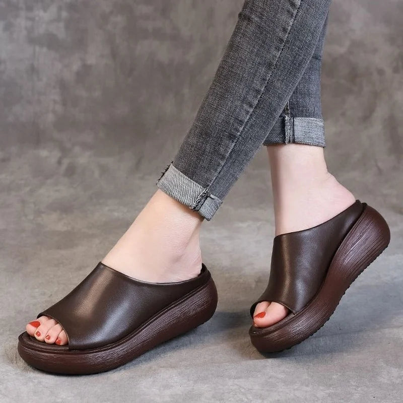 Jade Orthopedic Leather Slippers – Women's Cushioned Platform with Arch Support