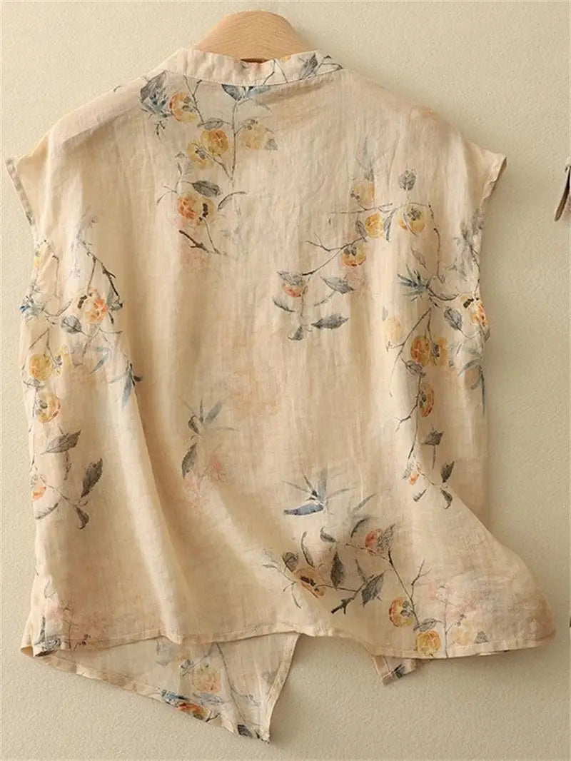 Mei Linen Sleeveless Blouse – Floral Loose Fit Summer Top
