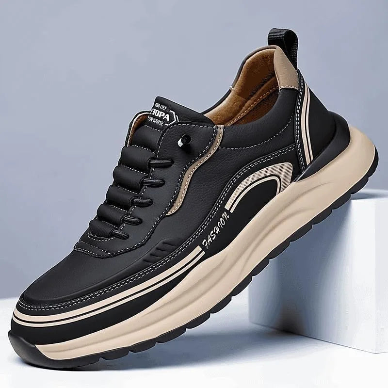 Black and beige sneaker on a light gray background