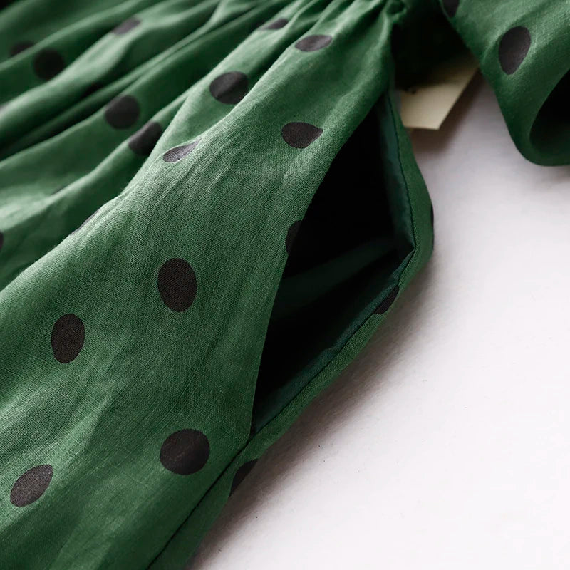 Celina Cotton-Linen Long Dress- Women's Polka Dot Boho Summer Fit