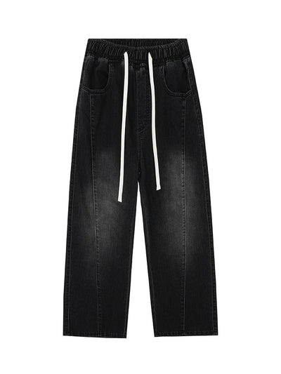 Black leather pants with white drawstring on a white background