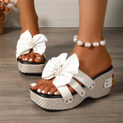 Aurora Bow Platform Sandals – Slip-Ons with Floral Accent