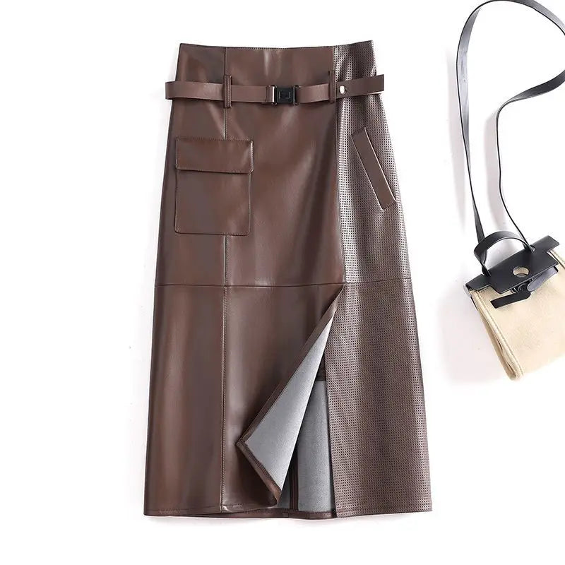Brown leather skirt with a belt on a white background