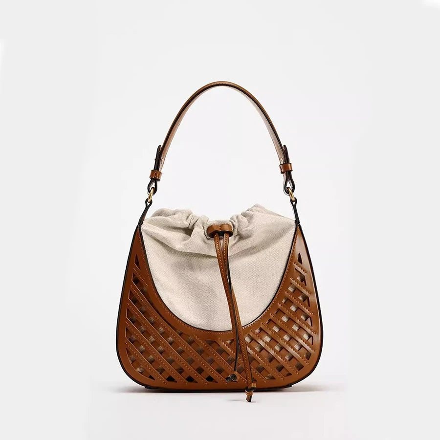 Léa Woven Bucket Bag - Women's Canvas Body with Adjustable Strap