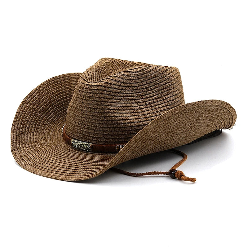Brown straw cowboy hat with a band on a white background