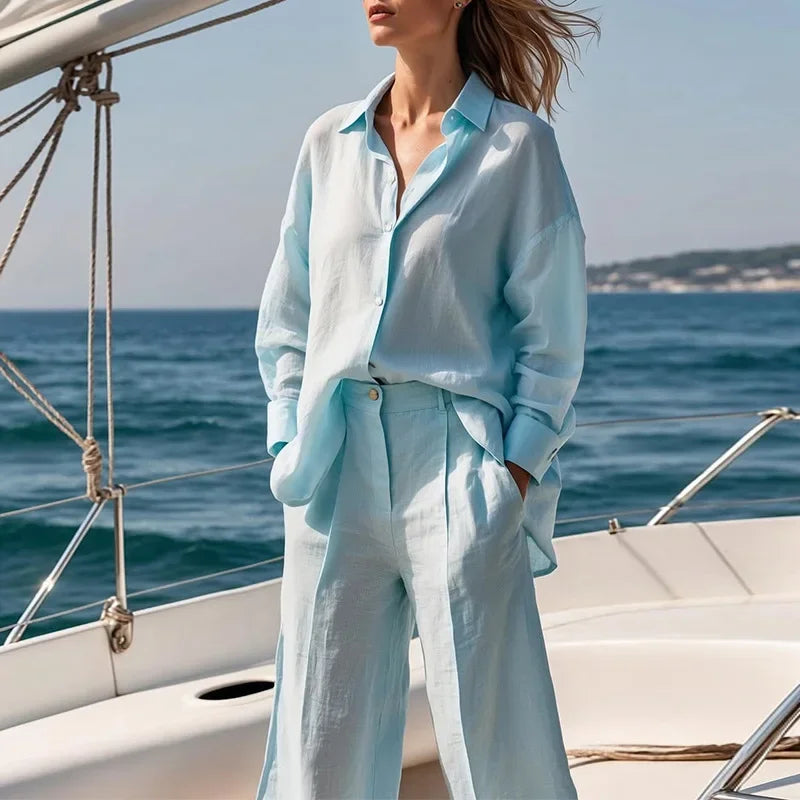 Elena Cotton Linen Set – Women’s Relaxed Shirt and Pleated Shorts Co-Ord