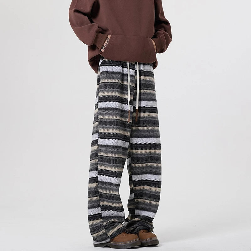Vintage Striped Woolen Pants Mens Streetwear Fashion Drawstring Loose Straight Woolen Trousers Men 2025 Spring Fall Casual Pants