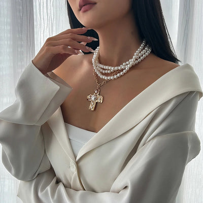 Aurea Pearl Necklace – Layered Choker with Sculptural Cross Accent