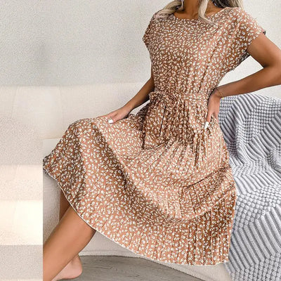 Valentina Floral Pleated A-Line Dress – Women’s High-Waist Midi