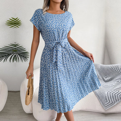 Valentina Floral Pleated A-Line Dress – Women’s High-Waist Midi