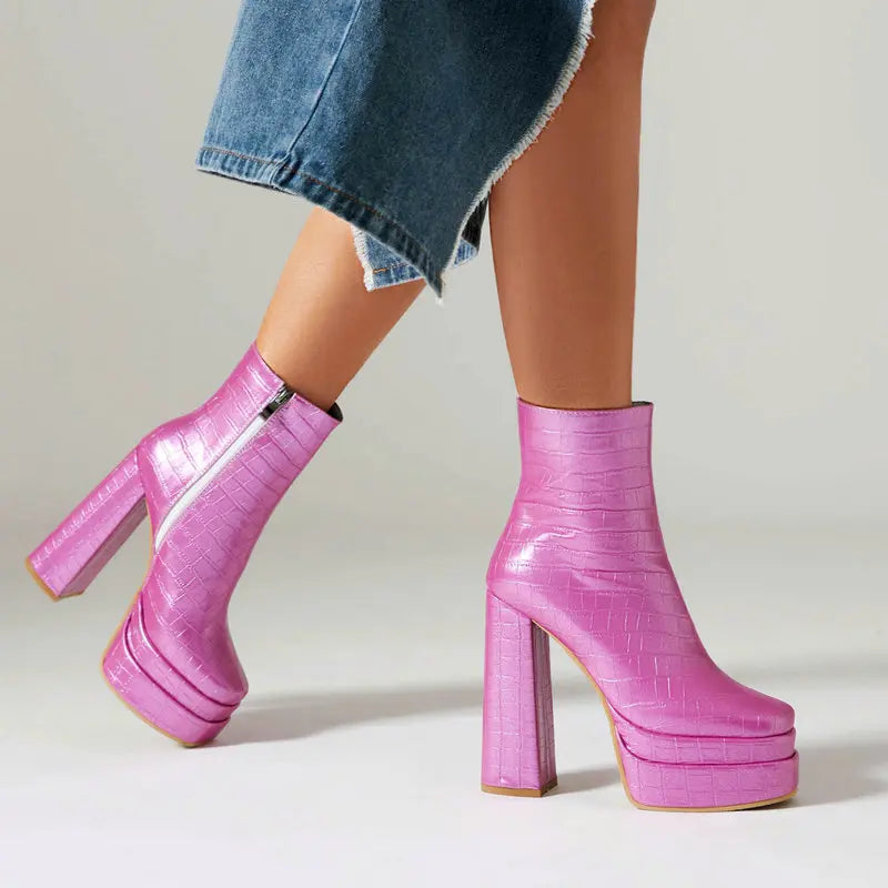 Zaria Square Toe Platform Boots – Bold Block Heels in Luxe