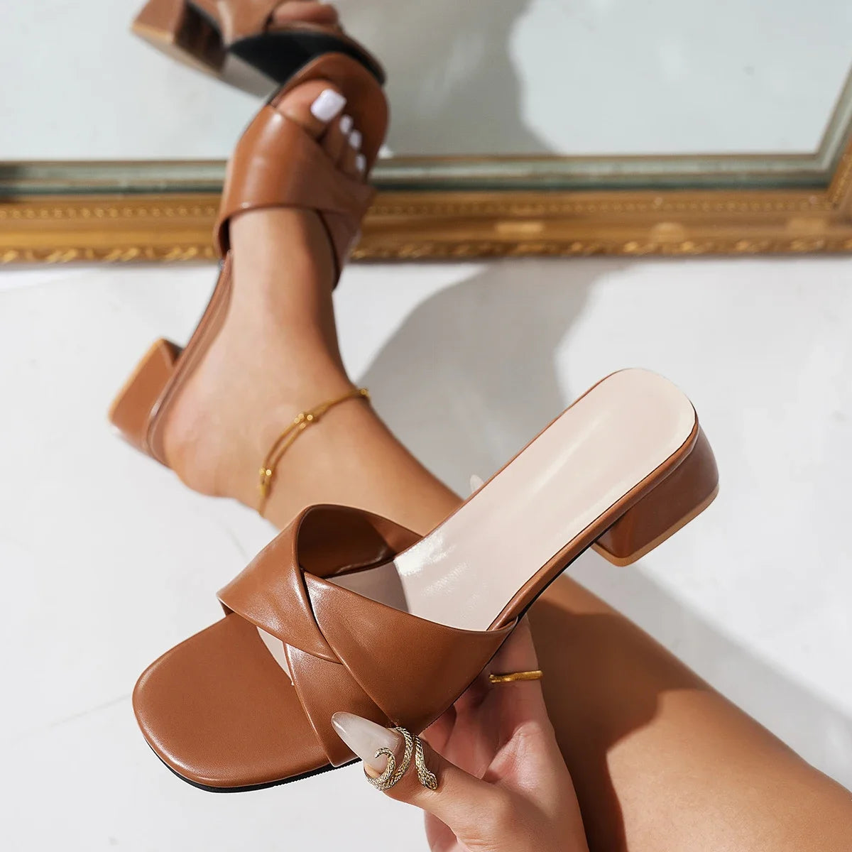 Riva Leather Slide Sandals – Square Heel Slippers in Summer Candy Tones