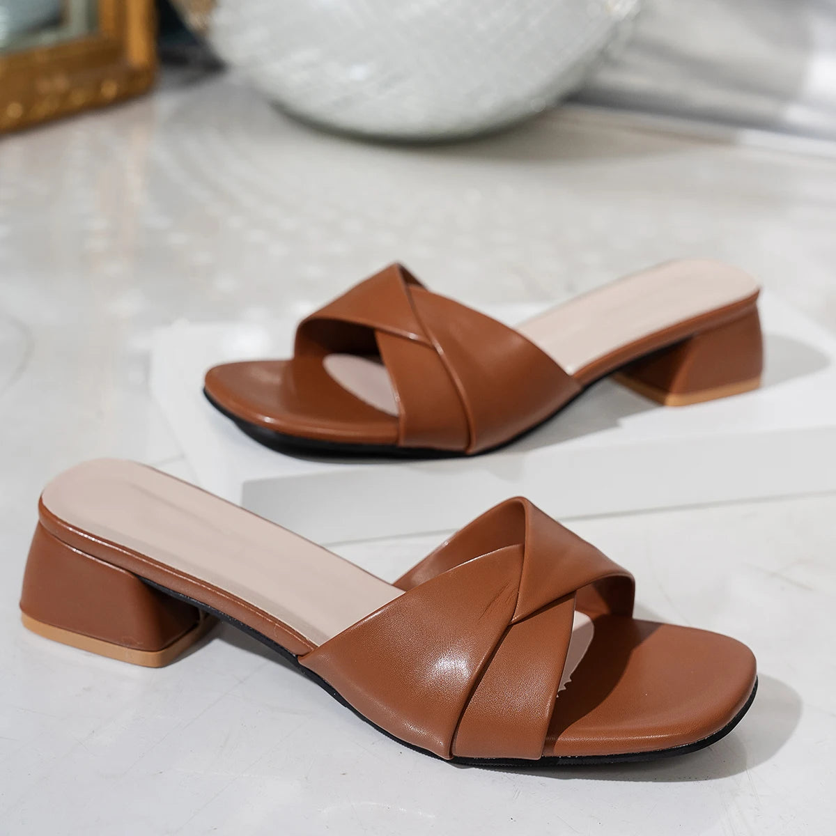 Riva Leather Slide Sandals – Square Heel Slippers in Summer Candy Tones