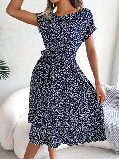 Valentina Floral Pleated A-Line Dress – Women’s High-Waist Midi