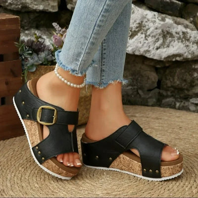Giulia Cork-Platform Sandals – Thick-Heel Slip-On Buckle Sandals