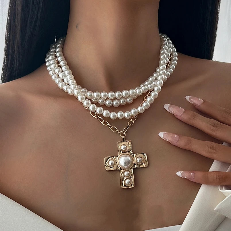 Aurea Pearl Necklace – Layered Choker with Sculptural Cross Accent