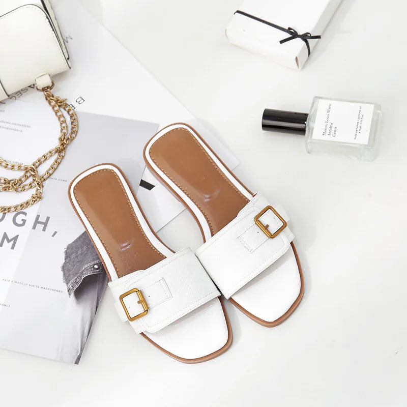 Sophia Designer Slide Sandals – Women’s Square Toe Leather Flats