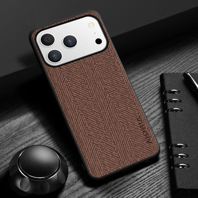 Brown textured phone case on a smartphone with a black background