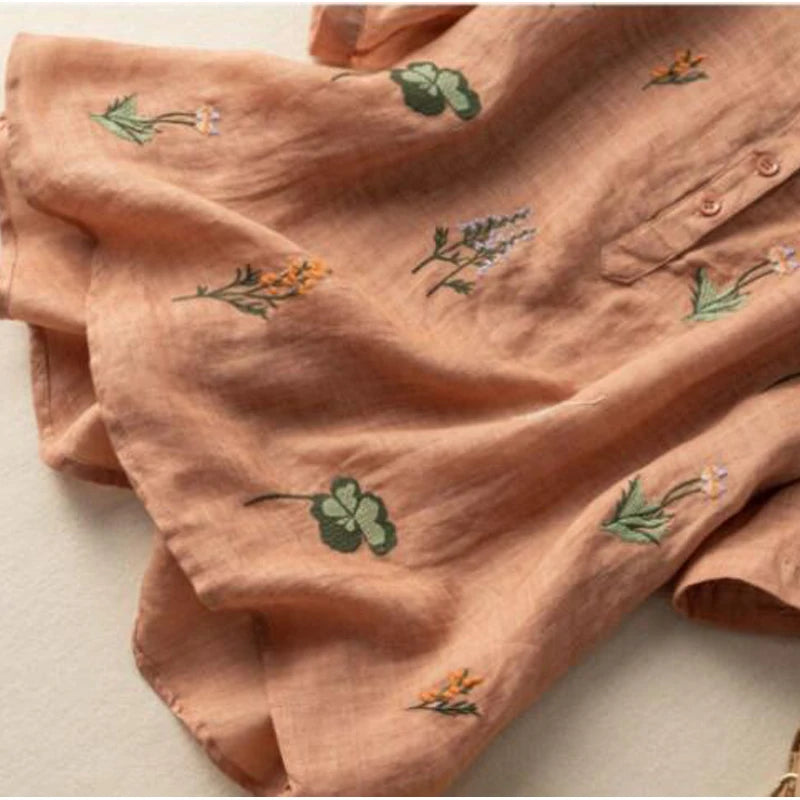Mira Embroidered Linen Shirt – Women’s V-Neck Summer Top