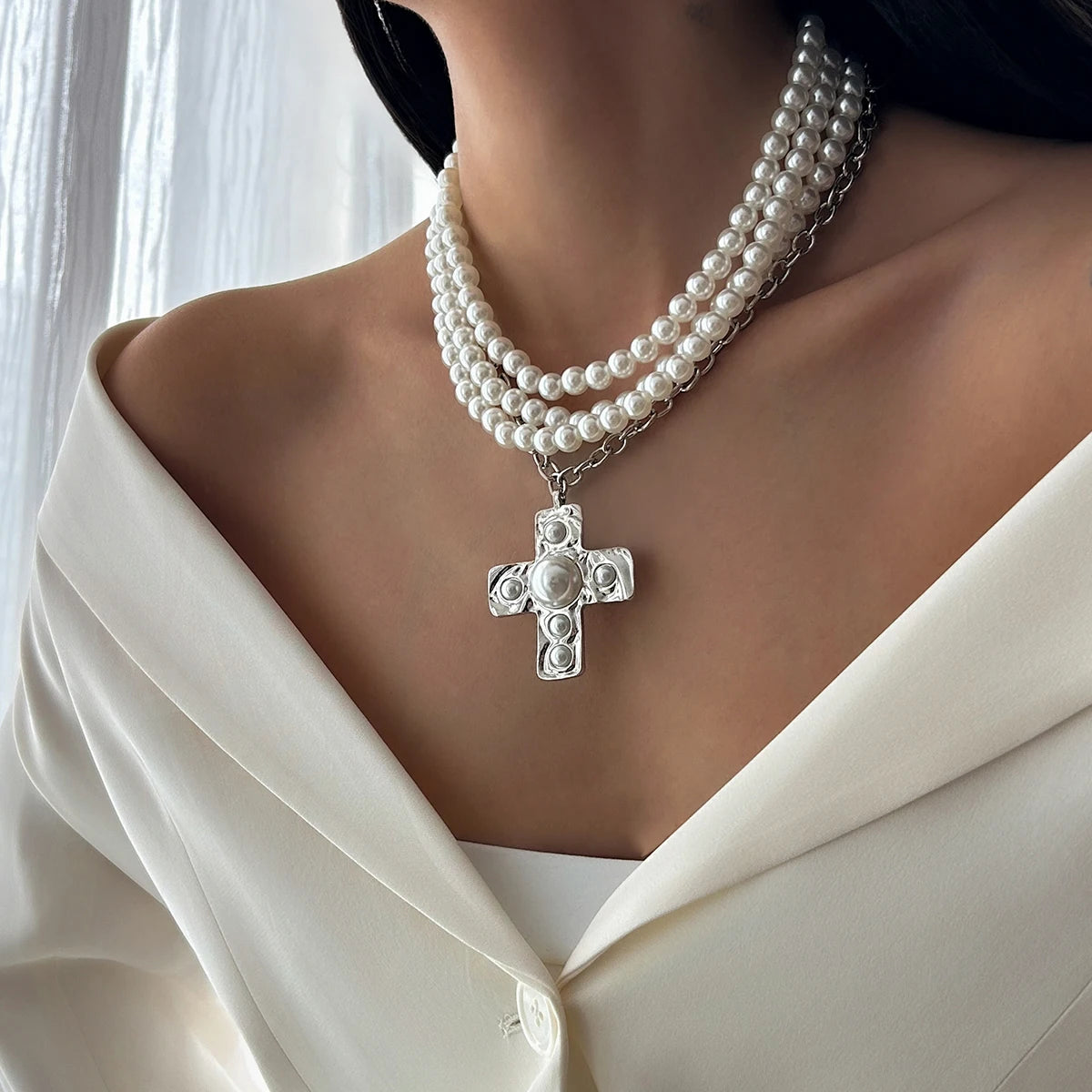 Aurea Pearl Necklace – Layered Choker with Sculptural Cross Accent