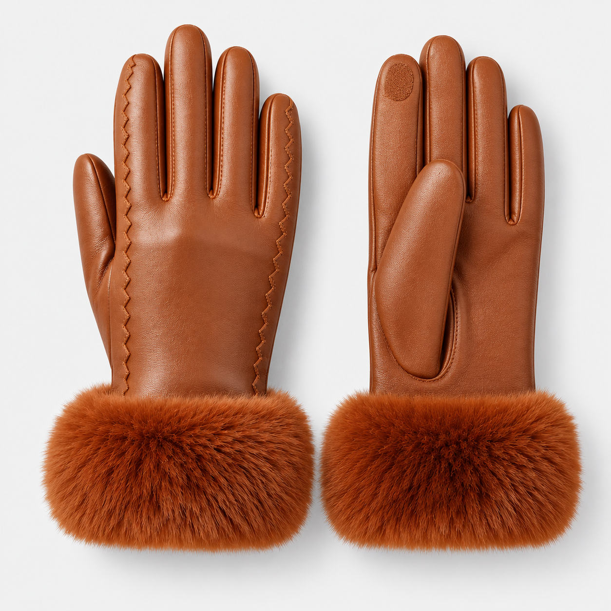 A pair of brown leather gloves with a thick, fluffy rust-brown faux fur cuff, shown showing both the back and palm sides against a light gray background.