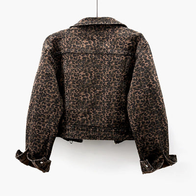 Full back view of women’s leopard print short denim jacket showing overall design.