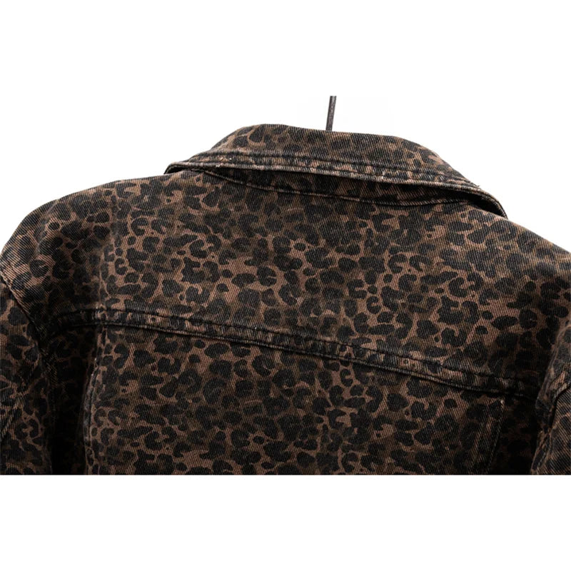 Close-up of back panel highlighting leopard print and denim texture.