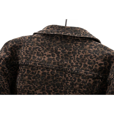 Close-up of back panel highlighting leopard print and denim texture.
