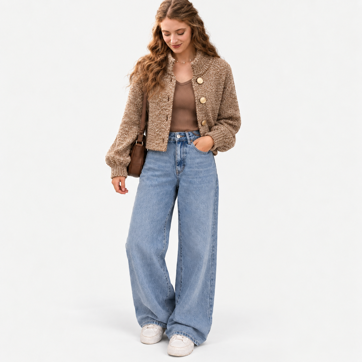A woman modeling a cropped, textured brown bouclé cardigan with gold buttons, paired with wide-leg light blue jeans, a brown top, and white sneakers against a plain white studio background.