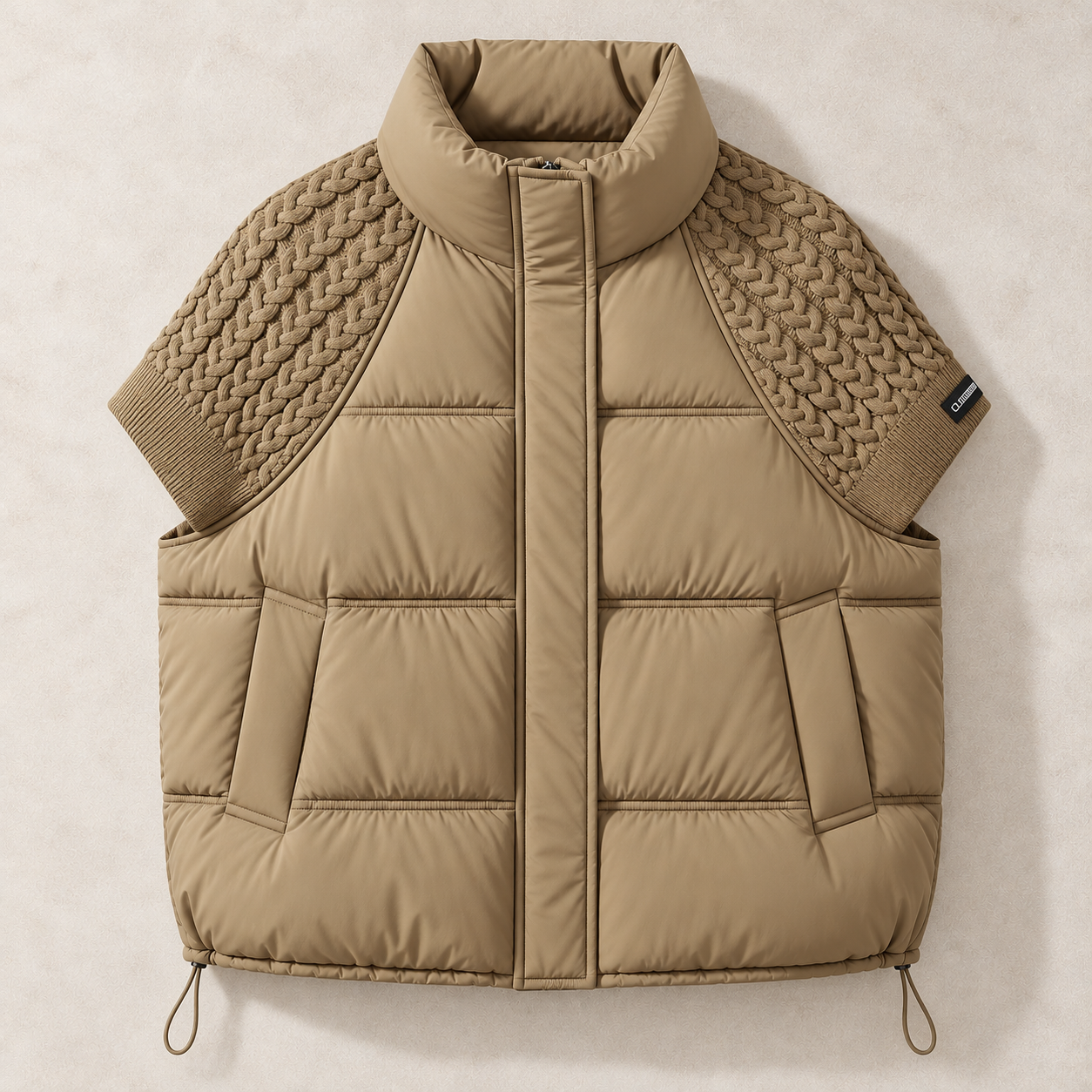 A cropped tan puffer vest with a high stand collar, front zipper, and ribbed knit shoulder panels, laid flat on a light textured background.